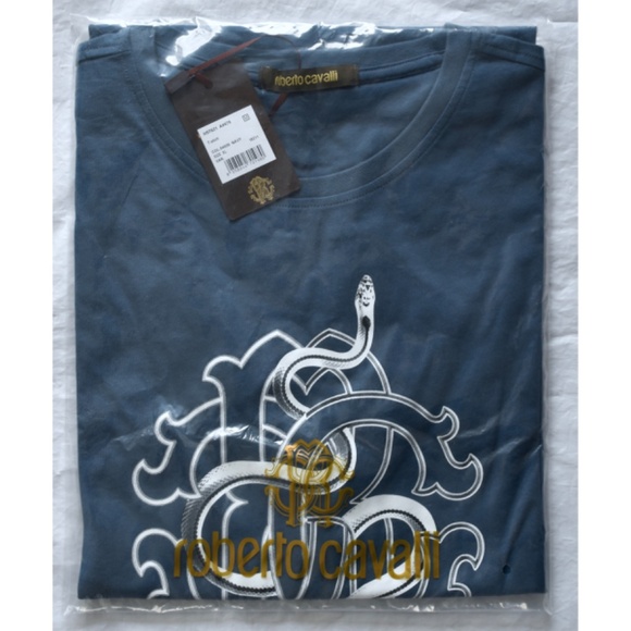 ROBERTO CAVALLI SNAKE GRAPHIC CREW NECK NAVY COTTON TEE. SIZE XL - Picture 5 of 7